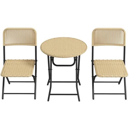Bistro-Set in Rattanoptik, 2 Stühle mit rundem Tisch, klappbar, Stahlrahmen, Gelb - Gelb