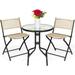 3-Piece Patio Bistro Dining Furniture Set w/Textured Glass Tabletop 2 Folding Chairs Steel Frame Polyester Fabric - Beige