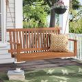 OC Orange-Casual Outdoor Acacia Wooden Porch Swing 2 Person Patio Hanging Bench Swing with Adjustable Chains 800 LBS 2-Seater Swing Bench Chair