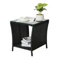 BAYUELSWU Outdoor Patio Wicker Side Table 2 -Tier Square PE Rattan Side Table with Glass Top Storage Shelf for Porch Garden Backyard Patio Balcony Deck Pool (Black)