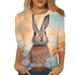 Uuszgmr Going Out Tops For Women Easter Day 3/4 Sleeve Fashionable Plus Size C Formal Bunny Print Multicolor Casual Crew Neck Tops T Shire Trendy Pink Size:Xl