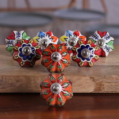 Vibrant Utopia,'Set of 8 Floral Multicolor Ceramic Knobs from India'