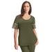 Plus Size Women's Eyelet Scoop-Neck Tee by Jessica London in Dark Olive Green Medallion Embroidery (Size 1X)