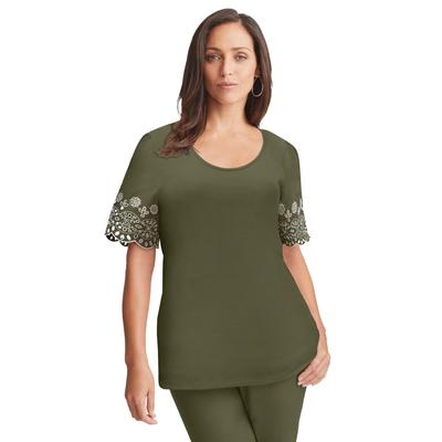 Plus Size Women's Eyelet Scoop-Neck Tee by Jessica London in Dark Olive Green Medallion Embroidery (Size L)