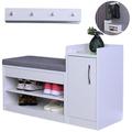 Shoe Storage Cabinet for Hallway and Coat Hooks with Shelf Combo | White Colored with Grey Cushion Shoe Bench Storage with Seat | Wall Organizer for Wallets and Keys with Aluminum Colour Hooks