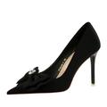 Women's Closed Pointed Toe Stiletto Pumps 10.5CM Bow Solid Color Satin High Heels Office Wedding Party Dress Shoes (7.5,Black)