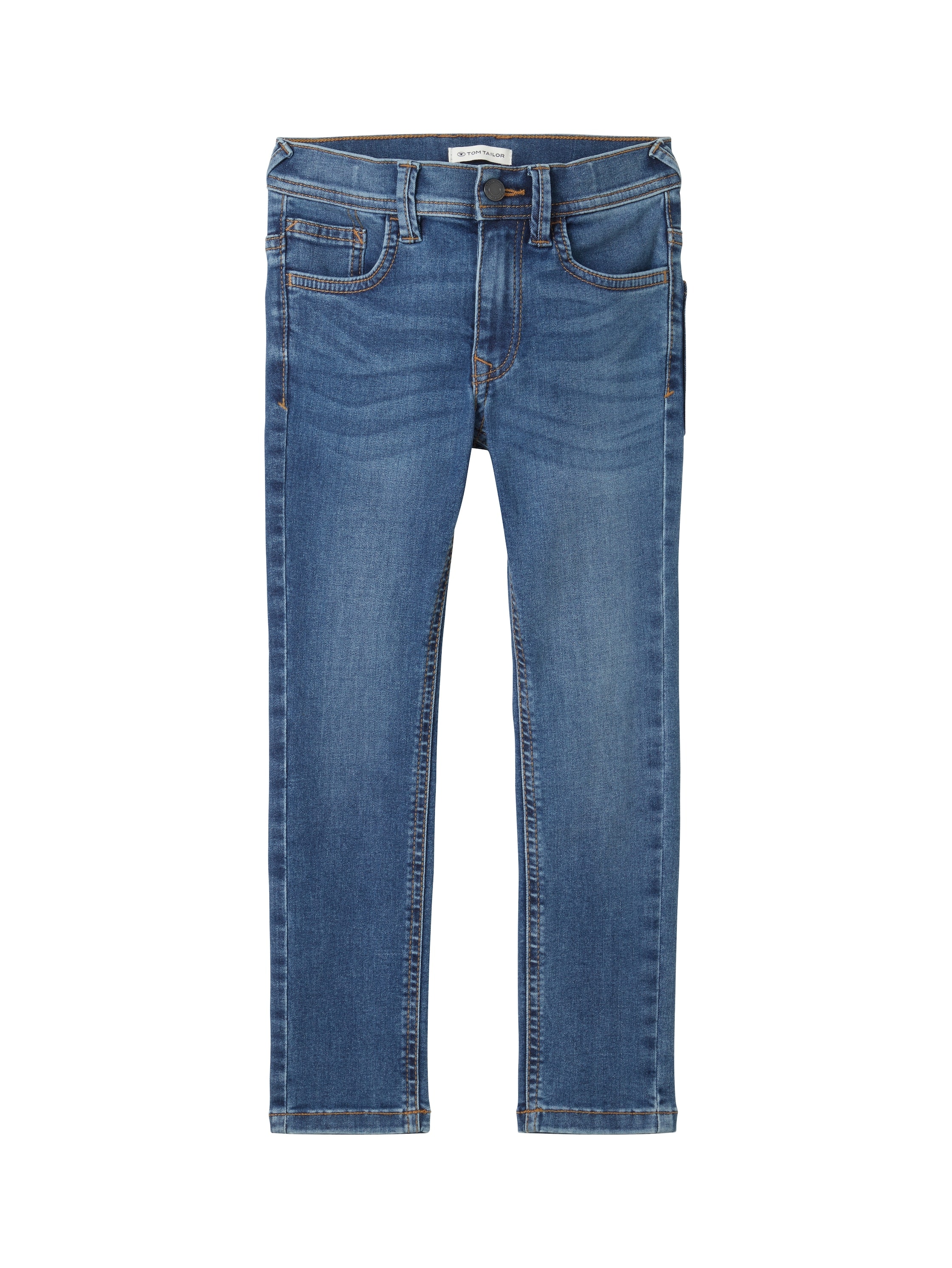 5-Pocket-Jeans TOM TAILOR, Jungen, Gr. 128, N-Gr, blau (blau denim), Denim/Jeans, Obermaterial: 65% Baumwolle, 34% Polyester, 1% Elasthan, unifarben, slim fit normal, Jeans 5-Pocket-Jeans, in Slim Fit Passform und mit Stretch