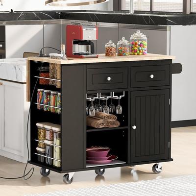 Drop Leaf Rubber Wood Kitchen Island with Power Outlet,Wine Rack