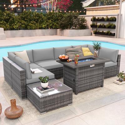 Outdoor 8 Pieces Sectional Wicker Sofa Set with Fire Pit