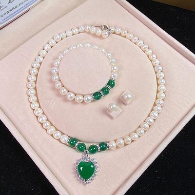 Women's Day Gifts Natural Freshwater Pearl Necklace Green Chalcedony Pendant White Pearl Bracelet Set As A Gift For Mothers And Mother-in-law On Mother's Day Mother's Day Gifts for MoM