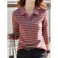 Women's Polo T shirt Tee Cotton Striped Daily Weekend Print Black Long Sleeve Fashion Shirt Collar Fall Winter