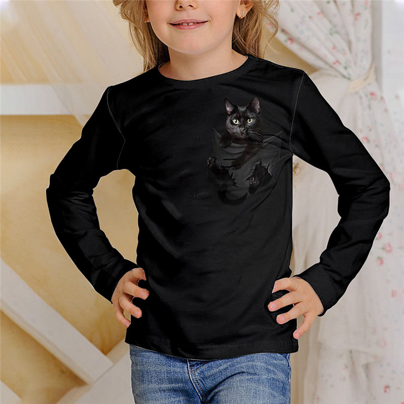 Kids Girls' T shirt Animal Casual 3D Printing Long Sleeve Crewneck Cute 7-13 Years Fall Black White Ivory