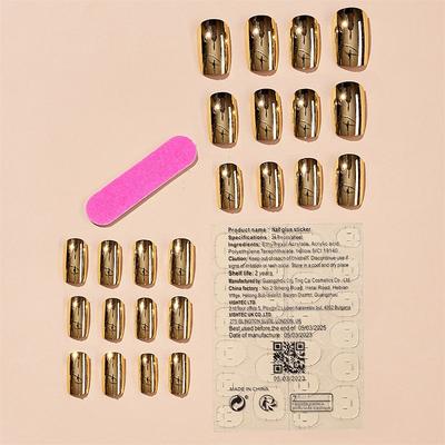 Light Gold Chrome Square Press on Nails Short Medium,KQueenest Mirror Metal Plating False Acrylic Nails Press Ons,Metallic Fake Nails for Girls,Natural Fit Glue on Nails Medium Length,UV Cover Glossy