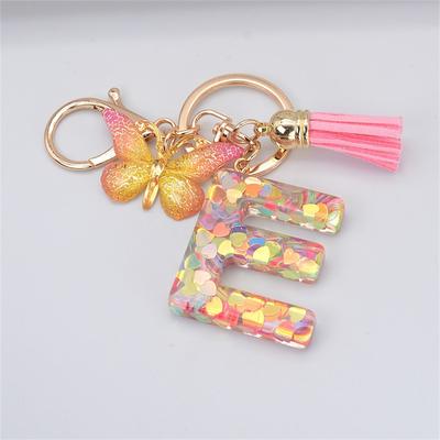 New Exquisite 26 Letter Resin Keychain with Pink Tassel Gradient Butterfly Pendant Key Ring Women Bag Ornaments Accessories Gift