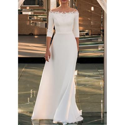 Engagement Formal Wedding Dresses A-Line Off Shoulder 3/4 Length Sleeve Sweep / Brush Train Lace Bridal Gowns With Appliques Solid Color 2025