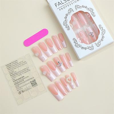 24 Pcs Long Square Press on Nails French Tip Fake Nails Full Cover 3D Rhinestone Acrylic False Nail Tips with Gems Sweet Pink Stick on Nails Long Artificial Nails for Women Manicure Decorations