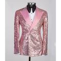 Men's Sequin 70s Disco Blazer Party Sparkle Sequins Blazer Jacket Regular Tailored Fit Solid Colored Double Breasted Six-buttons Black Gold Black Silver Champagne Pink Gold 2024