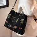 Women's Shoulder Bag Canvas Outdoor Daily Large Capacity Breathable Durable Embroidery Flower Black