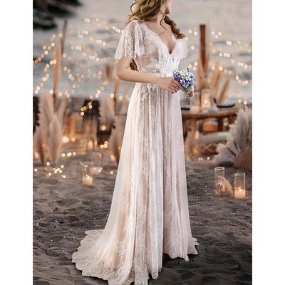 Beach Sexy Wedding Dresses in Color Boho Wedding Dresses A-Line V Neck Short Sleeve Sweep / Brush Train Lace Bridal Gowns With Sashes / Ribbons Sash / Ribbon 2024
