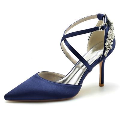 Elegant Navy Blue Satin Heels for Brides – Crystal Decorated Strappy Wedding Shoes Perfect for Cocktail and Evening Parties