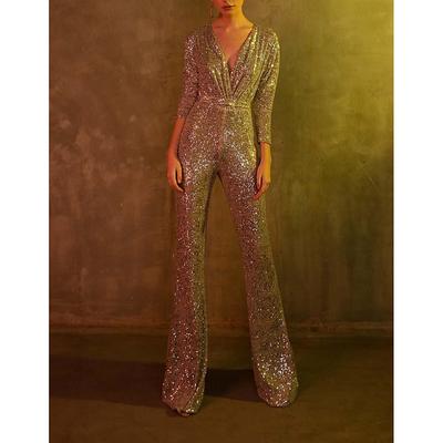 Jumpsuits Glittering Dress Wedding Guest Prom Floor Length 3/4 Length Sleeve V Neck Sequined with Sequin 2025