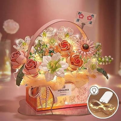 Women's Day Gifts New Building Block Flower Rose Building Block Toy Magic Powder Portable Flower Bouquet Gift Box Series Gifts For Girls Valentine's Day for Girls Mother's Day Gifts for MoM