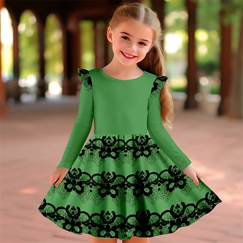 Carnevale ragazze' 3D Floreale Abito con balze Rosa Manica lunga Stampa 3D Primavera Autunno Da mare Sportivo Giornaliero stile sveglio Informale Bellissimo Bambino 3-12 anni Abito casual Abito linea