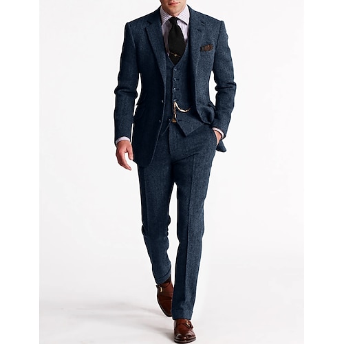 abiti da uomo in tweed a spina di pesce, 3 pezzi, vintage, retrò, taglie forti, tinta unita, vestibilità su misura, monopetto, due bottoni, marrone, bordeaux, blu navy scuro, verde autunno/inverno