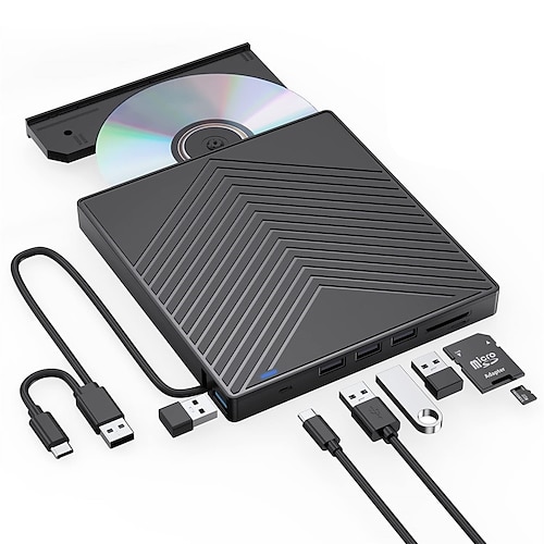 unità esterna cd dvd 7 in 1 masterizzatore cd ultra sottile usb 3.0 con 4 porte usb e 2 slot per schede tf/sd unità disco ottico per laptop mac pc windows 11/10/8/7 sistema operativo linux
