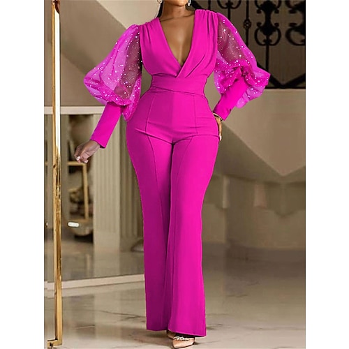 Per donna Normale Tuta Elegante Tinta unica Manica lunga A V Vita alta Matrimonio Feste Standard Blu Fucsia Verde Primavera