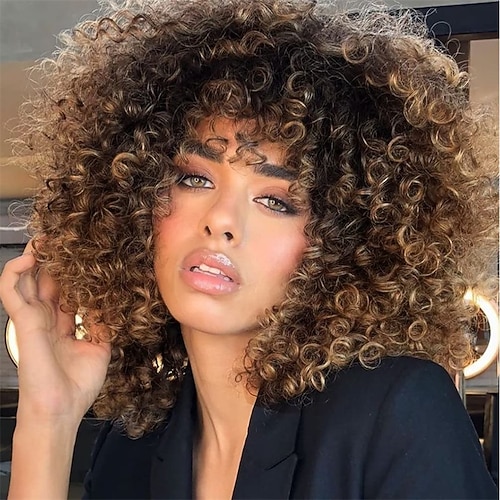 Parrucche ricce per donne nere 14 pollici parrucche afro ricce morbide con frangia parrucche ricce miste in tinta biondo marrone parrucche ricce complete per uso quotidiano parrucche di Halloween
