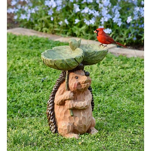 bagni per uccelli per esterni, bagno per uccelli a forma di animale in poliresina con piedistallo marrone, mangiatoia per uccelli selvatici fatta a mano e ciotola per il bagno degli uccelli, statua da giardino e statuetta per esterni, giardino,...