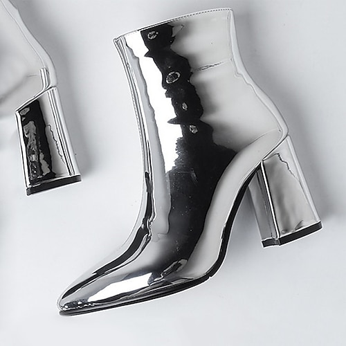 stivaletti da donna in metallo argentato con fodera in pelliccia sintetica, punta affusolata e tacco a blocco, caldi stivaletti alla moda per feste autunnali e invernali e serate fuori