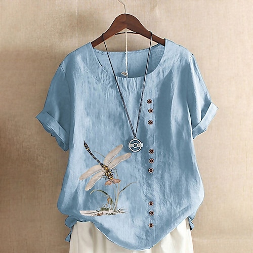 Camicia da donna 100% Cotone Camicia Blusa Stampa a bottoni Weekend Streetwear Di base Casual Simile lino Manica corta Collo tondo Bianco Estate Primavera