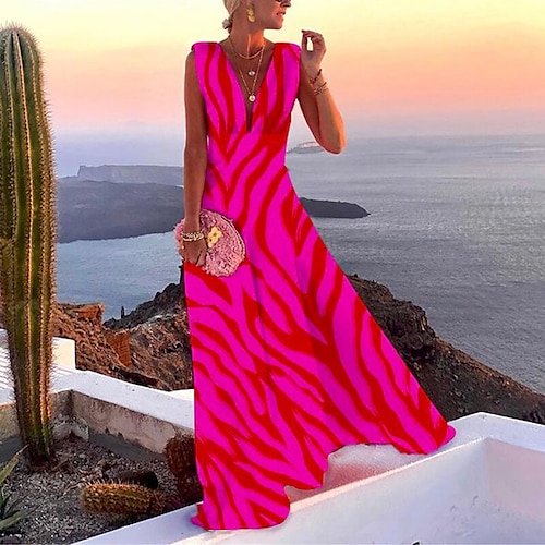 abito casual da donna abito svasato abito lungo maxi abito blu verde chiaro fucsia senza maniche stampa floreale primavera estate scollo a v 2023 s m l xl xxl