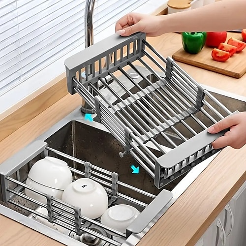 scolapiatti retrattile in acciaio inox, scolapiatti espandibile, cestello di scolo sopra il lavello, bracciolo regolabile, ripiano per lavello per frutta e verdura