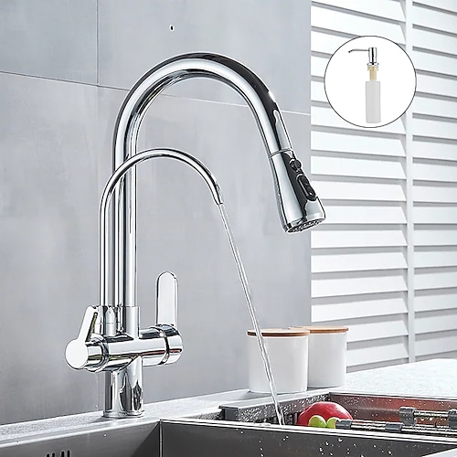 miscelatore lavello da cucina rubinetto estraibile spruzzatore con distributore di sapone, rubinetti in ottone monocomando neri girevoli a 360° a scomparsa, rubinetto filtro tubo acqua calda fredda montato sul ponte