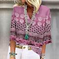 Camicia da donna Basic Stampa a maniche 3/4 Regular Tops V Neck Casual Rosa Blu Viola Verde Khaki