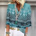 Women's Shirt Blusa Bottonata Stampa Base Manica 3/4 Lunghezza Regular Top Collo a V Casual Rosa Blu Viola Verde Khaki