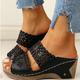 sandali con zeppa neri da donna con motivo floreale ritagliato – comode scarpe estive slip-on con dettagli cuciti