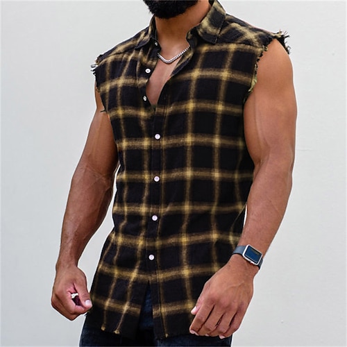 Per uomo Camicia Camicia Estiva Camicia a quadri Camicia con Bottoni Camicie a quadri Giallo Rosso Blu Senza Maniche Quadri Collo ripiegato All'aperto Streetwear Bottonato Abbigliamento Moda Casual