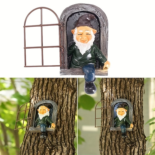 fiaba giocosa goblin giardino resina decorazione statua decorazione, giardino statua da giardino resistente alle intemperie, finestra albero resina statuetta da giardino decorazione da giardino