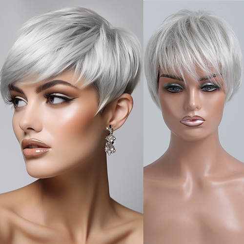 Miscela di capelli umani Parrucca Corto Liscio Diritto naturale Taglio corto spettinato Parte laterale Taglio scalato Taglio asimmetrico Bianco Marrone Cosplay Bigodino e piastra per capelli