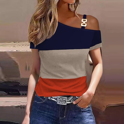 maglietta da donna casual color block stampa spalle scoperte manica corta top regolari spalle scoperte lavoro casual nero blu marrone cachi grigio chiaro