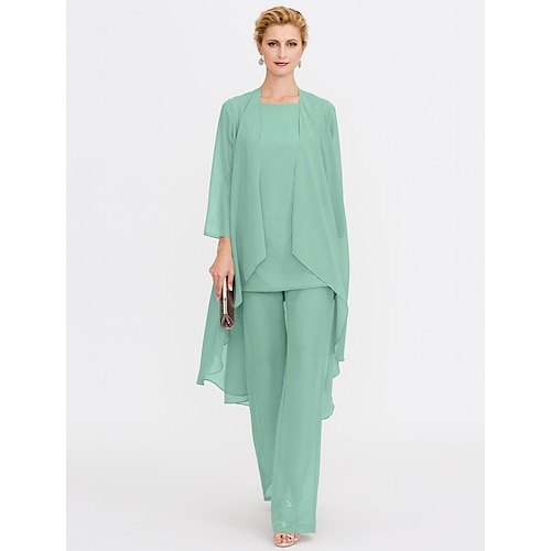 Tuta Completo Pantalone Tre Pezzi Lunghezza al pavimento Abito da cerimonia per signora Senza Maniche Scollo a Barca Elegante Taglie Forti Con Stola Ospite di nozze Chiffon Abiti con Giacca con Tinta