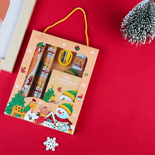 6 pz/set set regalo di cancelleria portatile di Natale contiene 2 matite 1 temperamatite 1 gomma 1 righello 1 carta per appunti adesiva per studenti della scuola primaria bambini che imparano regalo