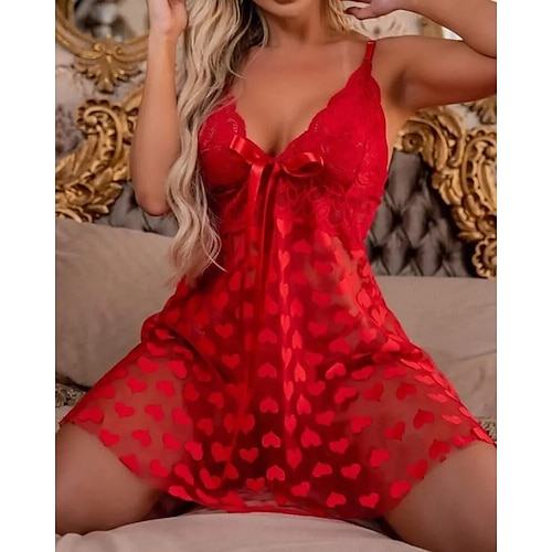 abito da sera di San Valentino da donna lingerie sexy abito sottoveste in pizzo mini abito traforato cuore scollo a V lounge rosso abiti da casa abito da sera