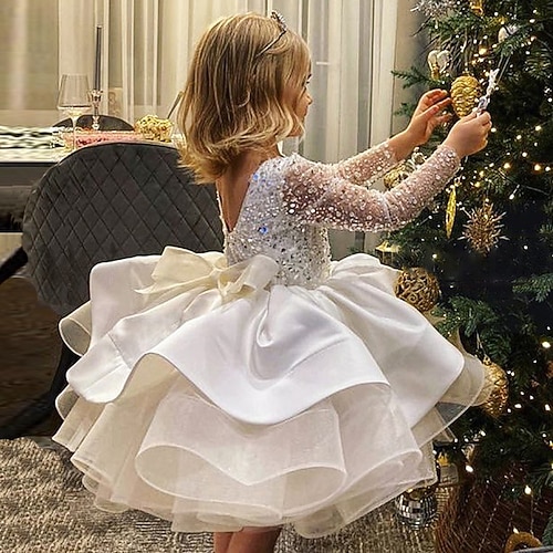 Abito da damigella d'onore bambina Da ragazza Vestito Abito per la prima comunione Prestazioni Matrimonio Feste Da principessa Dolce Increspato Retato A pois Manica lunga Girocollo Digitare un Tipo B