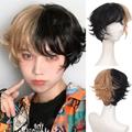 short pix cut straight black white yellow half cosplay anime costume halloween parrucche capelli sintetici con frangia per uomo ragazzo donna