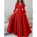Abito di Seta A-Line Abito di Natale Abito da Sera Abito Elegante Formale Abito Rosso Lunghezza fino al Pavimento Manica 3/4 Collo a V con Pieghe abito per impressionare
